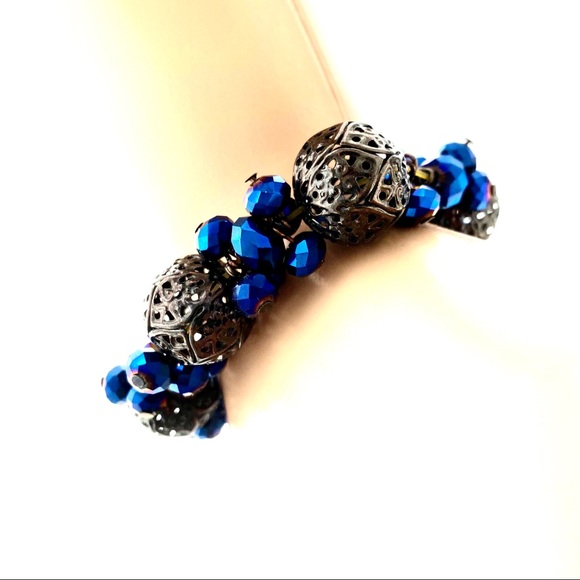 Stretch Blue Metallic Bead Filigree Metal Bracelet - Picture 4 of 4